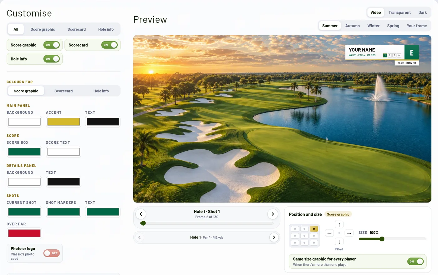 The Score Graphics Generator's Customise panel next to a preview of the Classic score graphic over a golf course